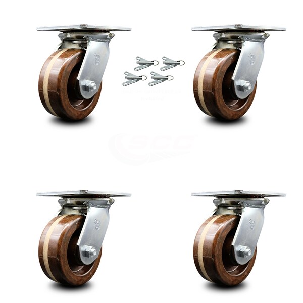 5 Inch High Temp Phenolic Caster Set with Roller Bearings and Swivel Locks SCC